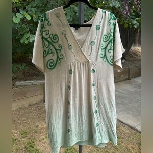 Fabric Spray Paint Design | "Dandelion Swirl" Natural Linen V-Neck Dress